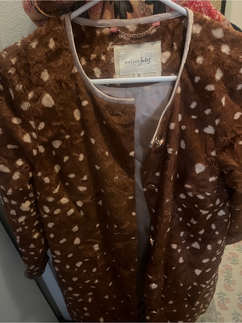 Maison Jules fawn Faux Fur Spotted Coat in Brown & Cream vintage style